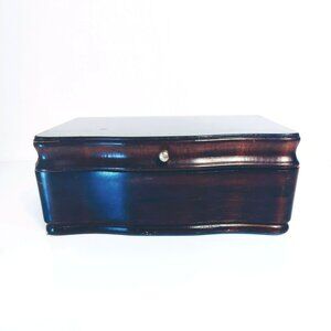 Vintage Wood Jewelry Box With Blue Velvet Lining, Insert Tray, Necklace Hooks